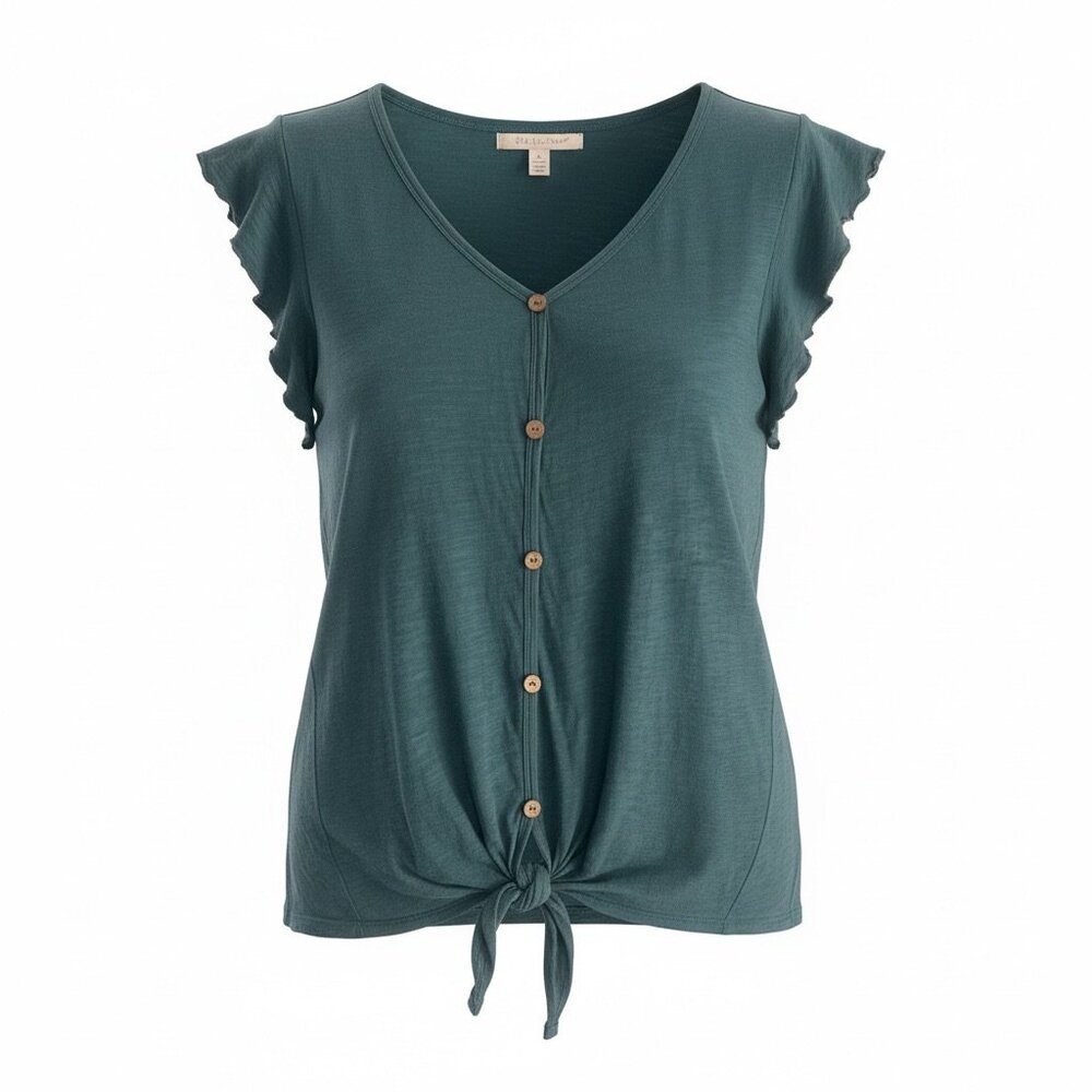 💚 Cupio Teal Green Knit Top Wooden Buttons Tie Hem Large